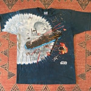 Vintage Star Wars Liquid Blue T-shirt Millennium Falcon Death Star AOP 1997 XXL